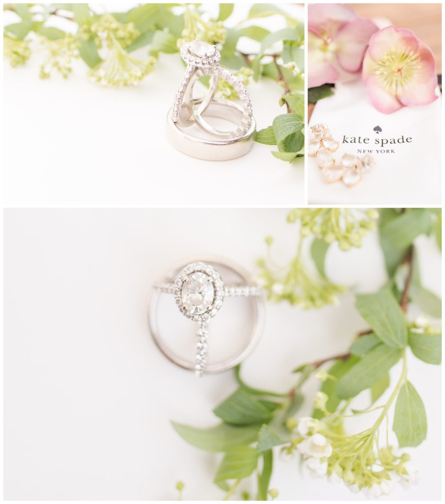 spring wedding, ring shot,  pink and yellow florals