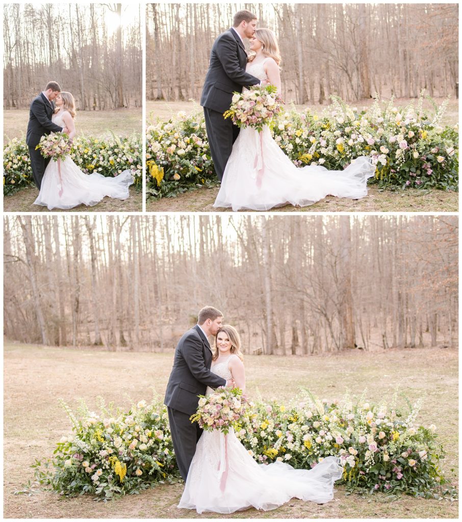 spring wedding, bridal portraits, pink and yellow florals