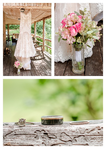 wedding details, rings, bouquet, dress
