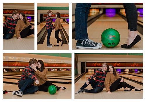 engagement photos at bowling alley