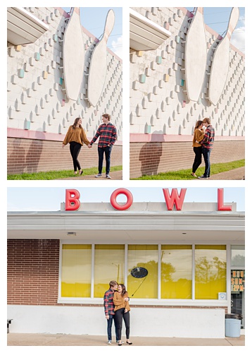 engagement session at bowling alley