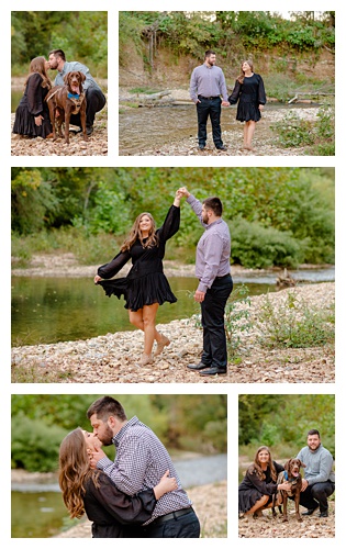 fall engagement photos at the creek, with their dog