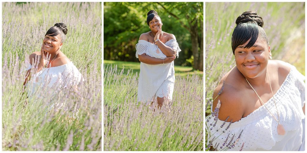 senior girl photos, lavender field, wearing white