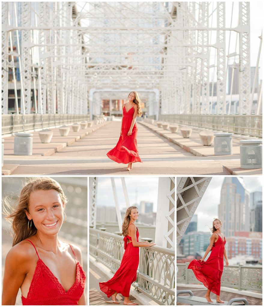 senior girl photos, Downtown Nashville, pedestrian bridge