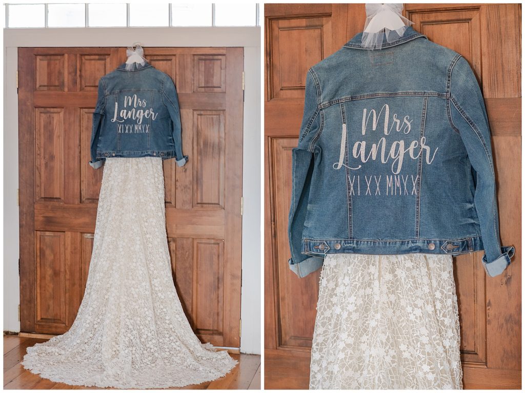 bridal gown and custom jean jacket