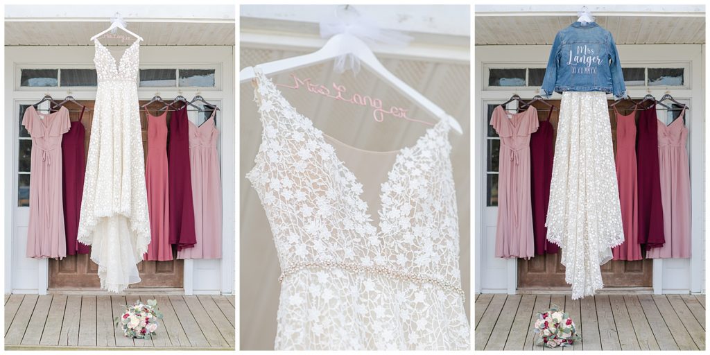 bridal gown, custom jean jacket, blush, pink, bridesmaids dresses