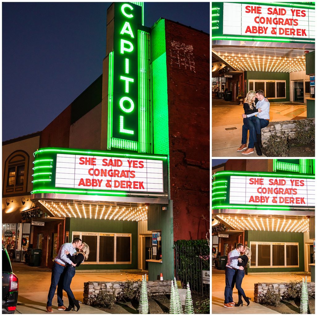 downtown alley proposal, photos in front of the Capitol Theater 