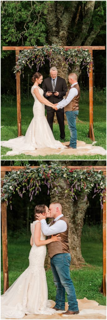 ceremony and first kiss at the Farm at Cedar Springs in Lebanon, TN 