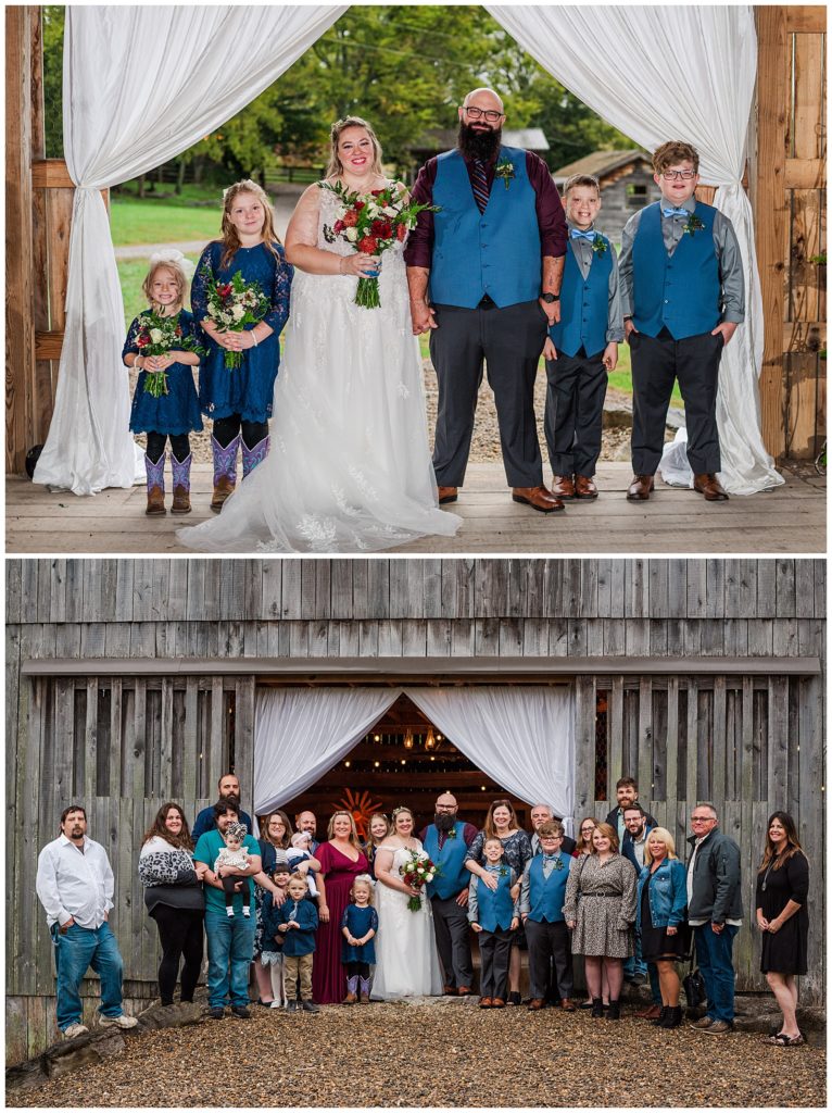 Fall wedding | The Farm at Cedar Springs | bride and groom wit family portraits
