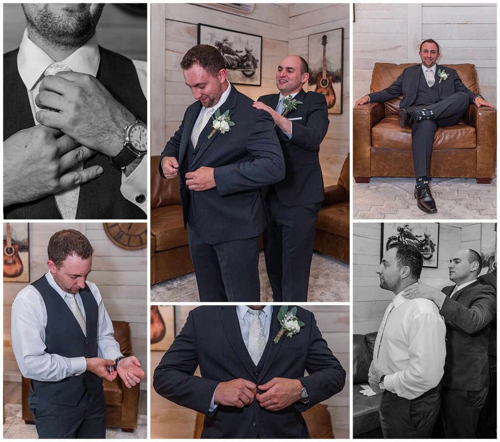 Dusty blue wedding at The White Dove Barn | groom getting ready