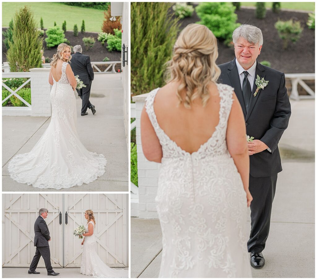 Dusty blue wedding at The White Dove Barn | bride and daddy first look