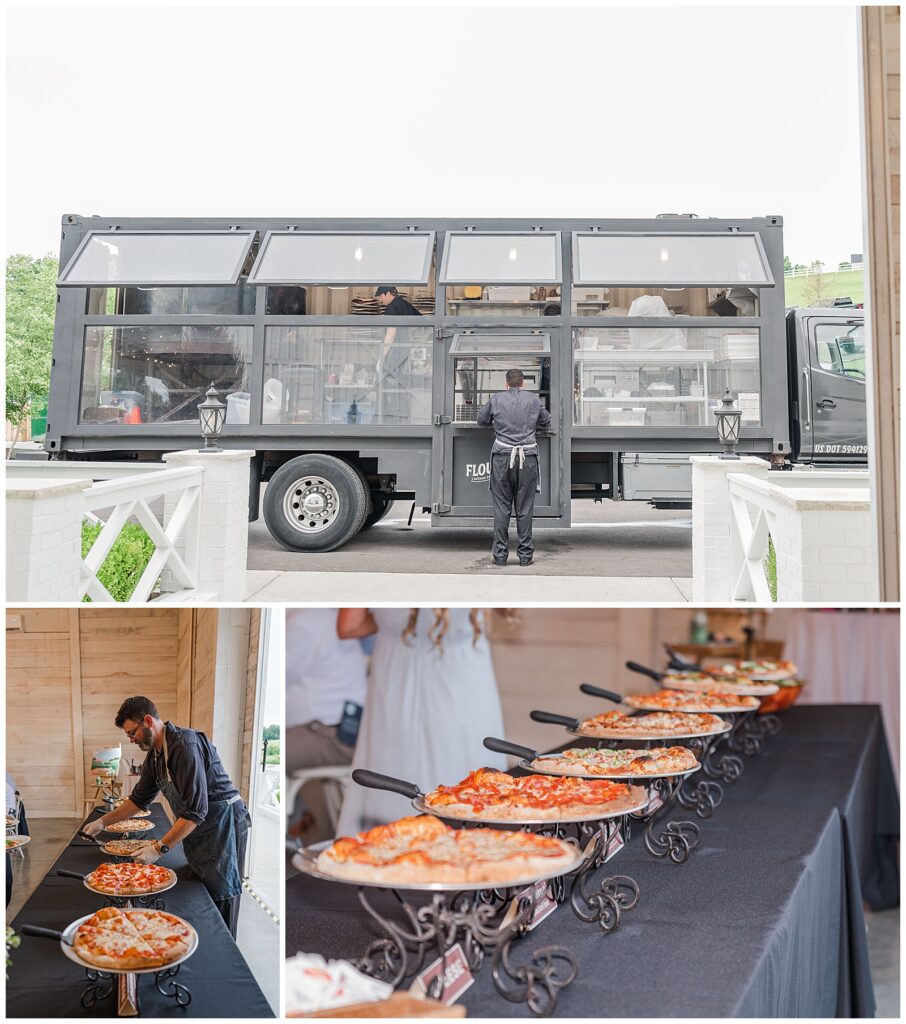 Dusty blue wedding at The White Dove Barn | pizza truck photos