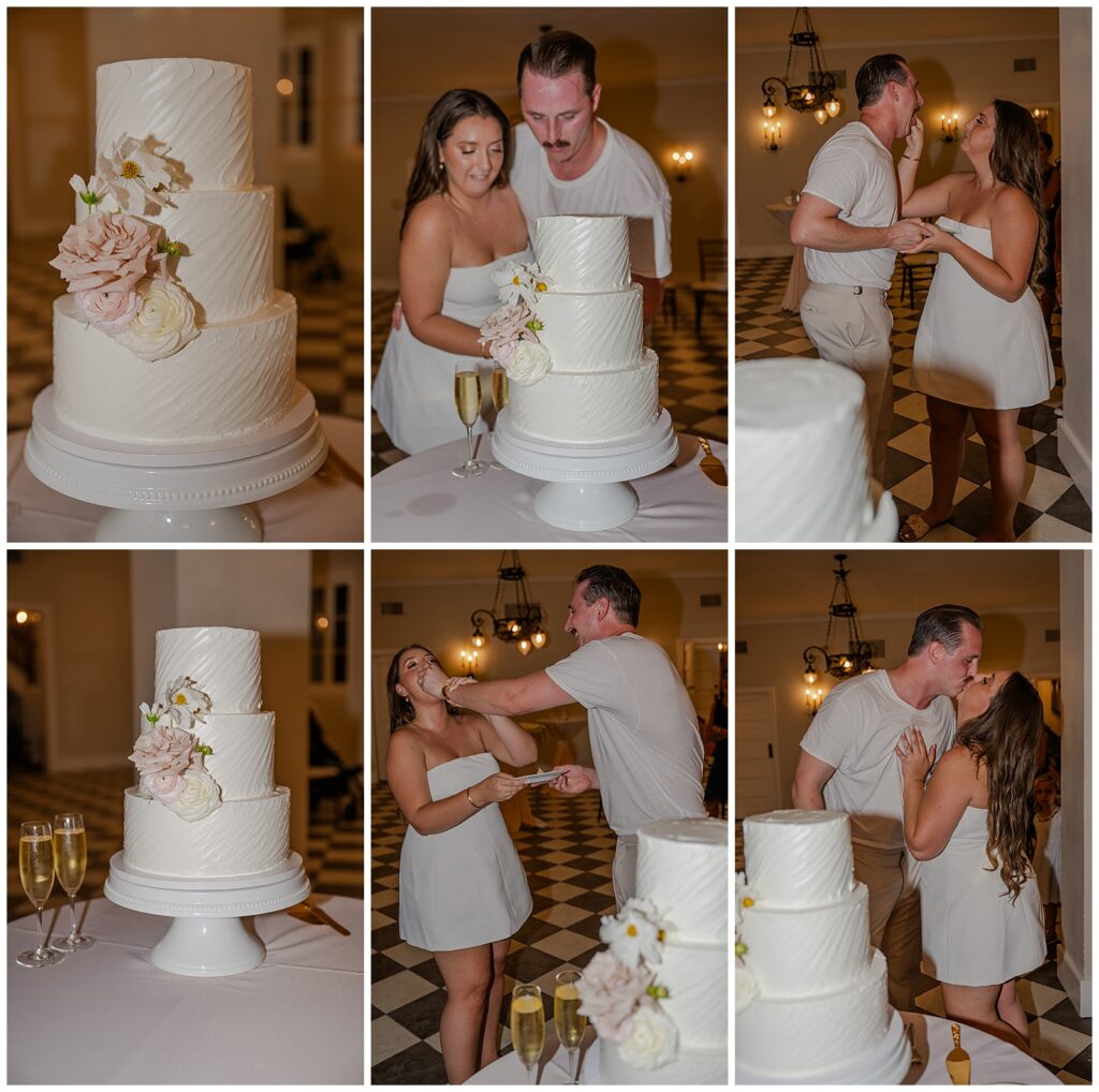 Destination wedding in Charleston, SC | The River House at Lowdnes Grove | Reception Photos | Cake Cutting